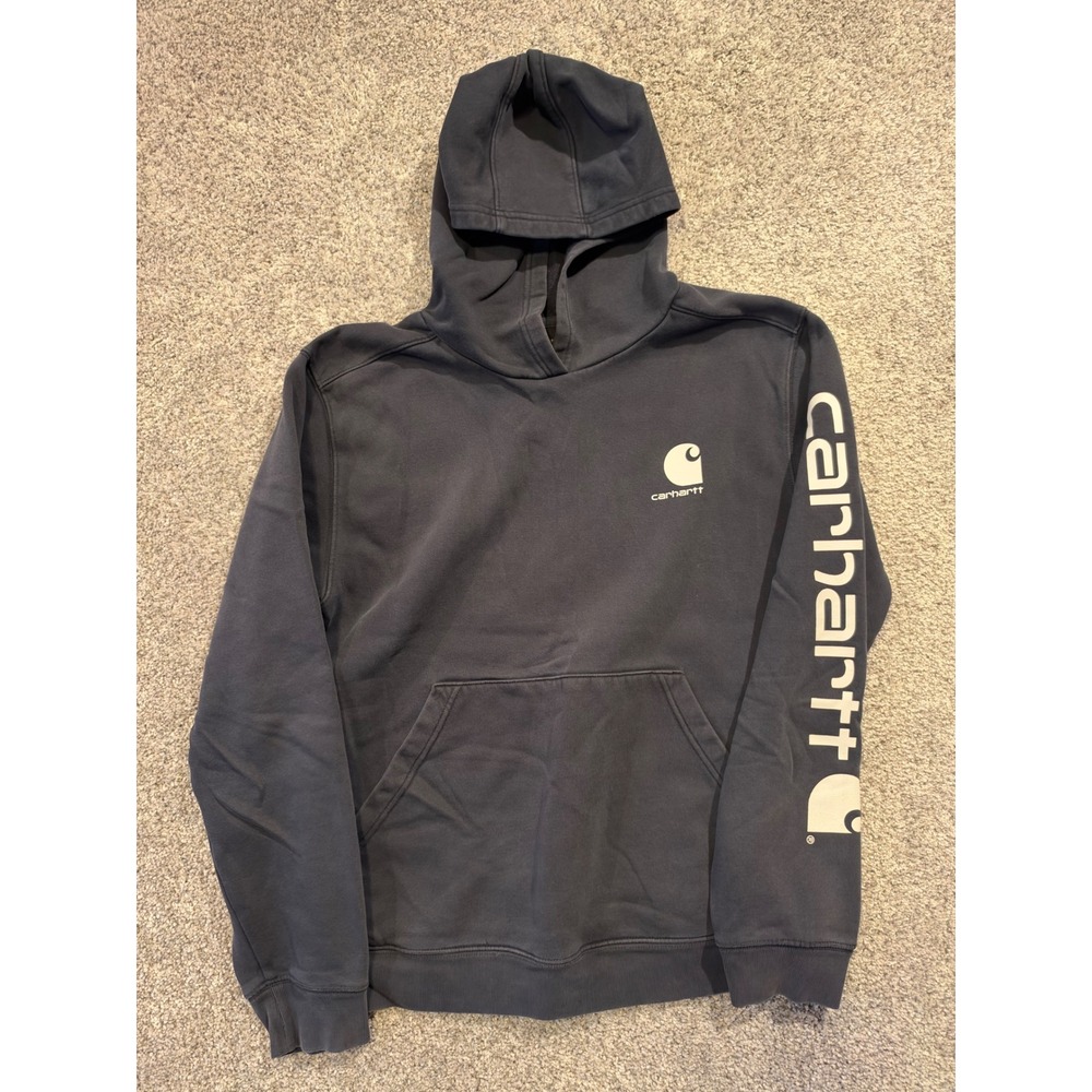 Carhartt Hoodie Womens XL Navy Blue Logo Graphic Sleeve Pullover Sweatshirt